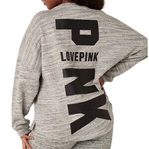 PINK Victoria's Secret Grey Bling Black Varsity Crew Sweatshirt Pullover Large